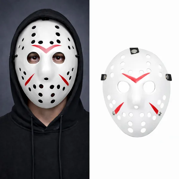 Beyaz Renk Kırmızı Çizgili Tam Yüz Hokey Jason Maskesi Hannibal Maskesi