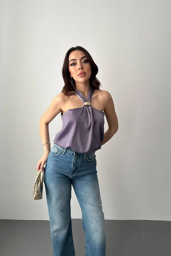 Lila Toka Detaylı Bluz - Lila