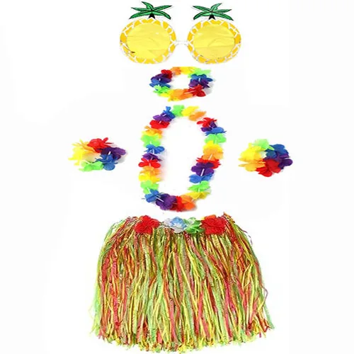 Yetişkin ve Çuk Uyumlu Luau ha Hawaii Rengarenk 40 cm Etek Ananas Şekilli Gözlük Hawaii Kolye Renkli Taç ve 2 Adet Bileklik Seti