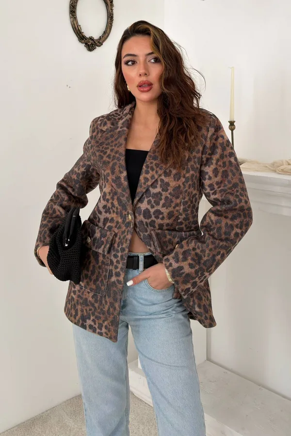 Leopar Gold Kemerli Leopar Ceket