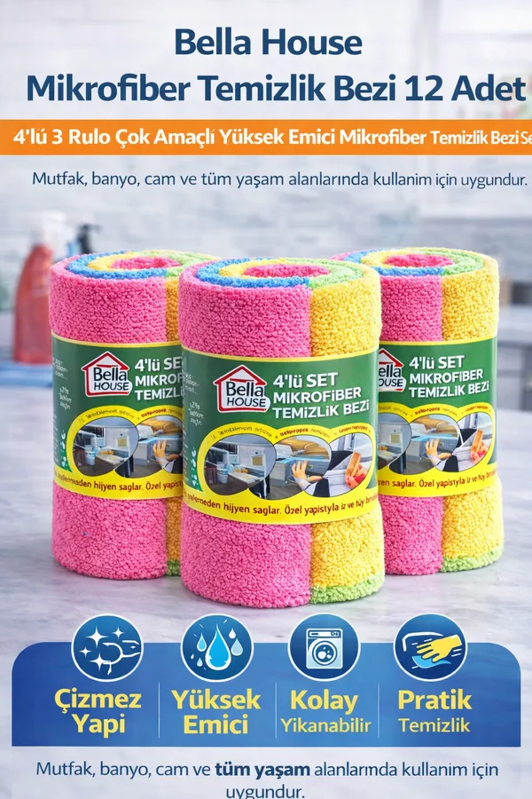 Bella House Mikrofiber Temizlik Bezi 12 Adet (4'lü 3 Rulo) Çok Amaçlı Yüksek Emici Mikrofiber Temizlik Bezi Seti