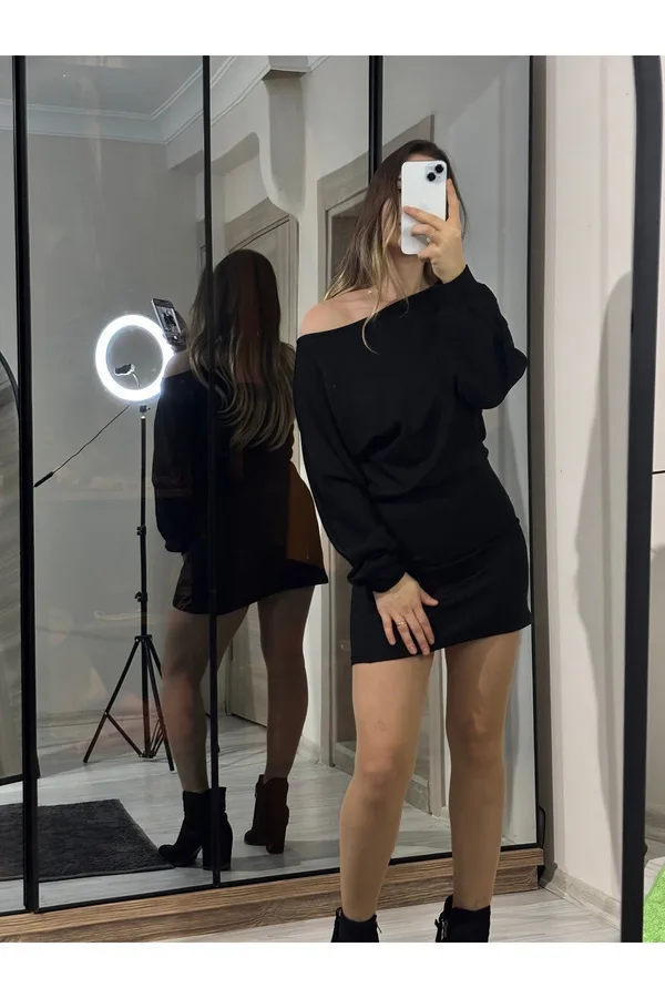 Modal Kumaş Kayık Yaka Mini Elbise - Siyah