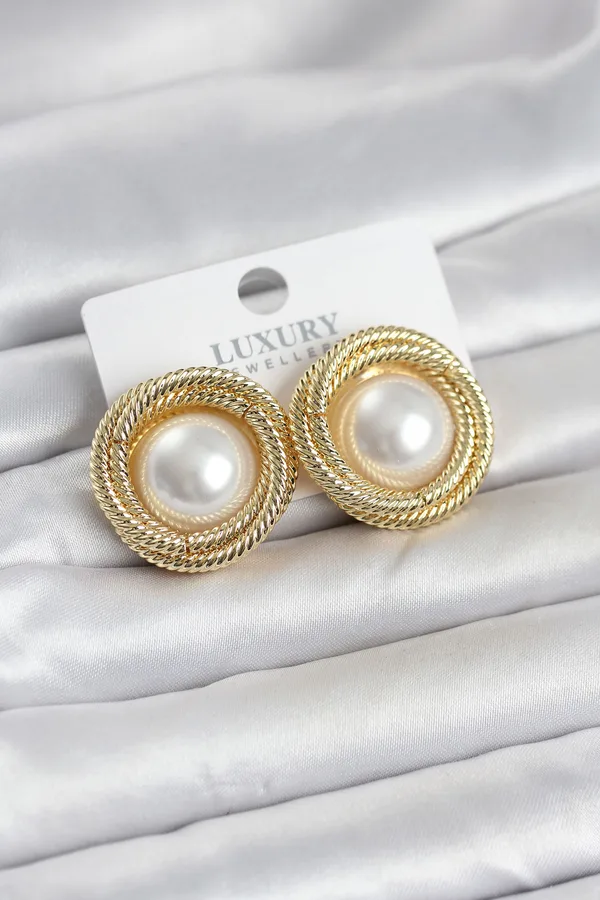 Pirinç Gold Renk Sarmal Model İncili Kadın Küpe