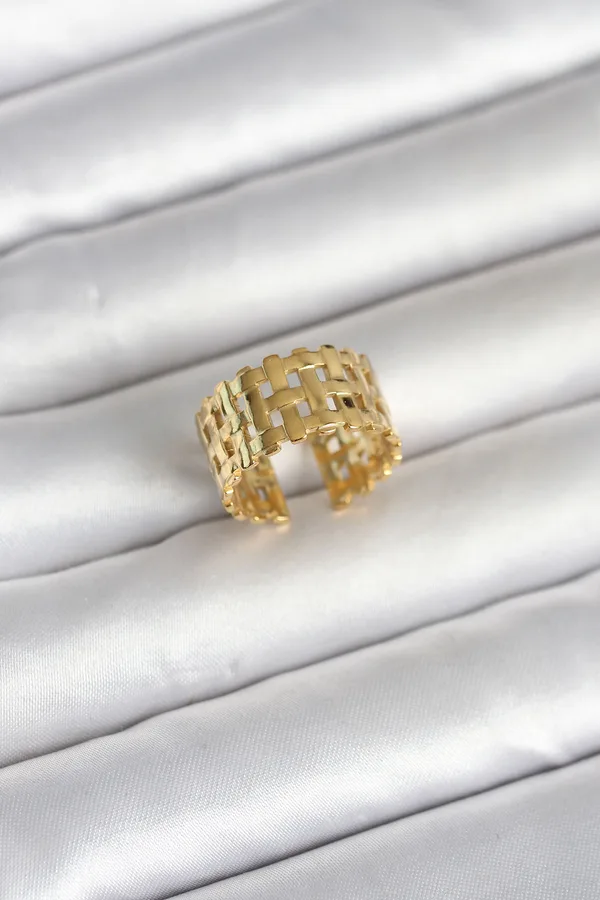 316L Çelik Gold Renk Hasır Model Kadın Yüzük