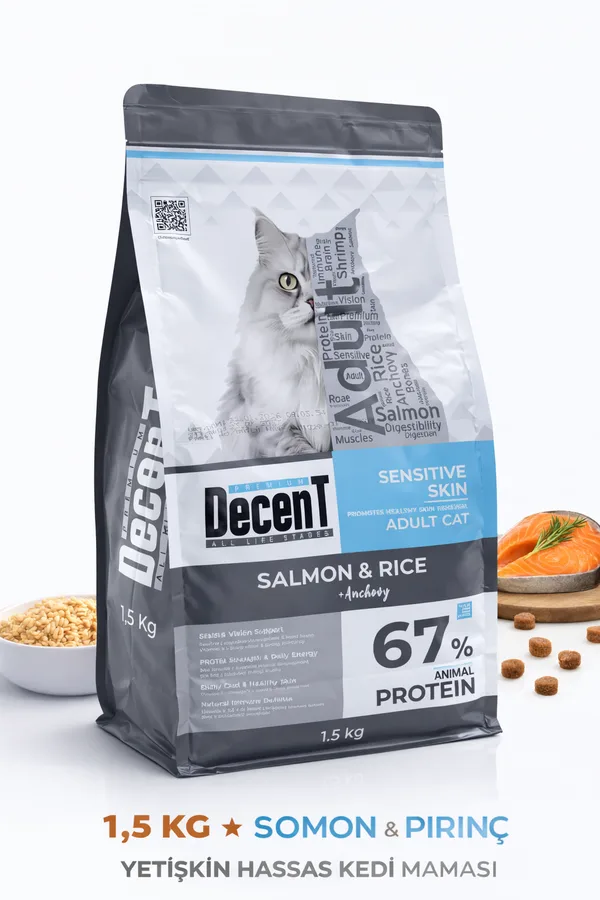 Decent Sensitive Skin Somon & Pirinç Yetişkin Kedi sı 1,5 Kg