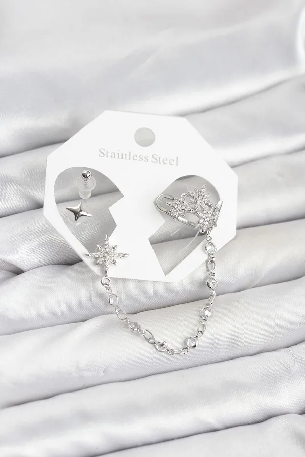 Kutup Yıldızı Model Pirinç Gümüş Renk Zincir Bağlantılı Ear Cuff Küpe Seti