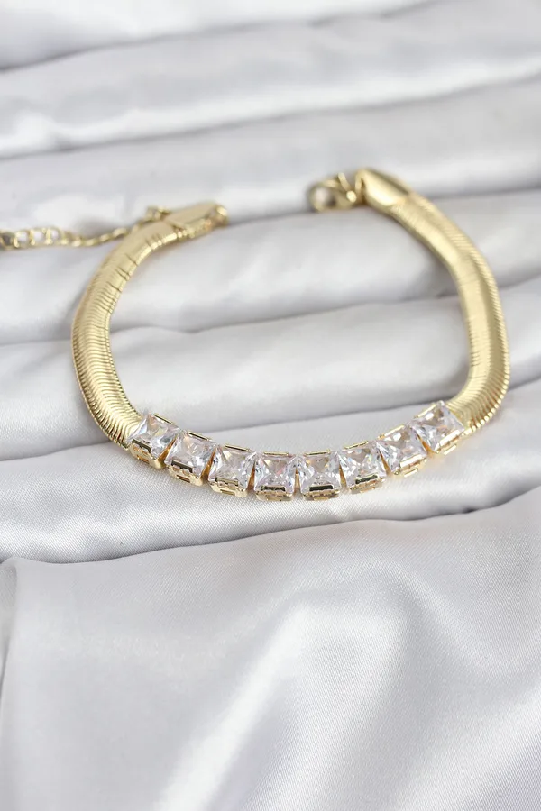 316L Çelik Gold Renk Kare Zirkon Taşlı Yılan Zincirli Kadın Bileklik