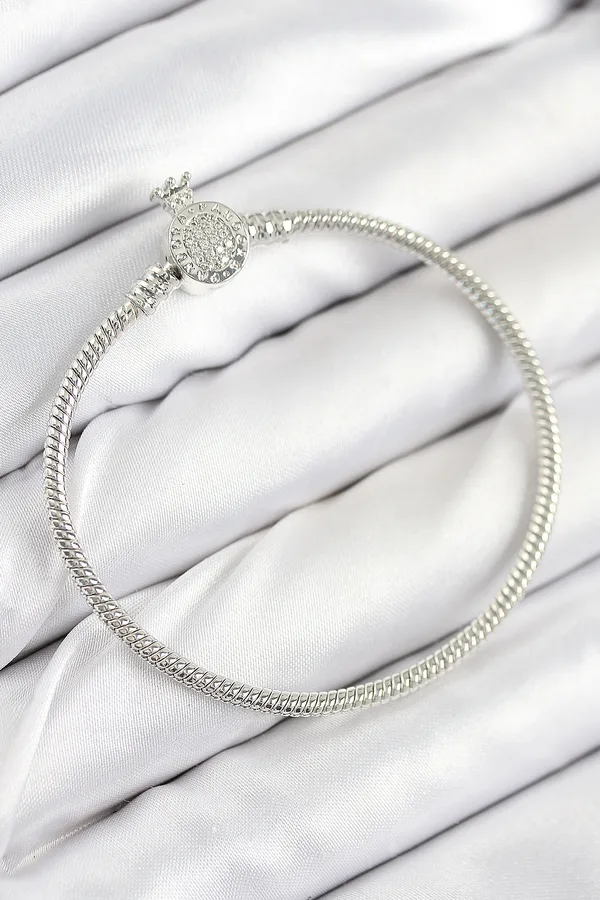 Pirinç Charm Zirkon Taşlı Taç Model Gümüş Renk Kadın Bileklik