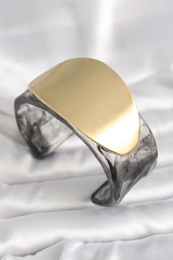 Siyah Mermer Desen Akrilik Plastik Gold Oval Plaka Model Vintage Kadın Bilezik