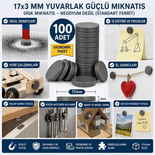 100 Adet Mıknatıs 17x3 mm Yuvarlak Güçlü Mıknatıs Disk Mıknatıs