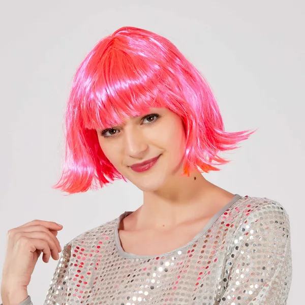 Şeker Pembe Renk Parti Peruğu Küt