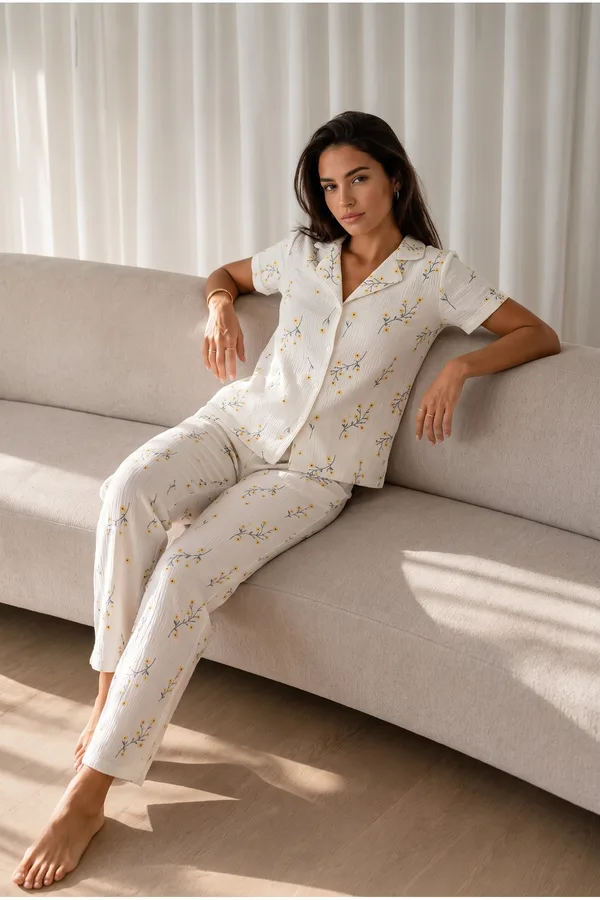 Kadın Loose Uzun Paça Pamuk Çok Renkli Pijama Takımı