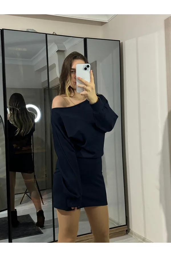 Modal Kumaş Kayık Yaka Mini Elbise - Lacivert