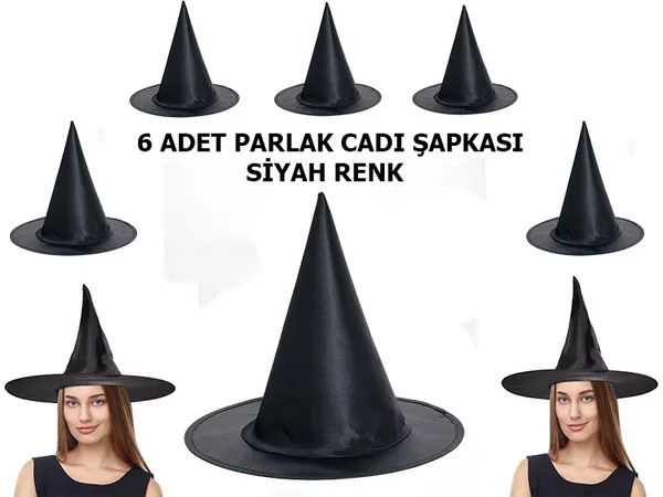 Siyah Renk Parlak Drn Cadı Şapkası Yetişkin ve Çuk Uyumlu 6 Adet