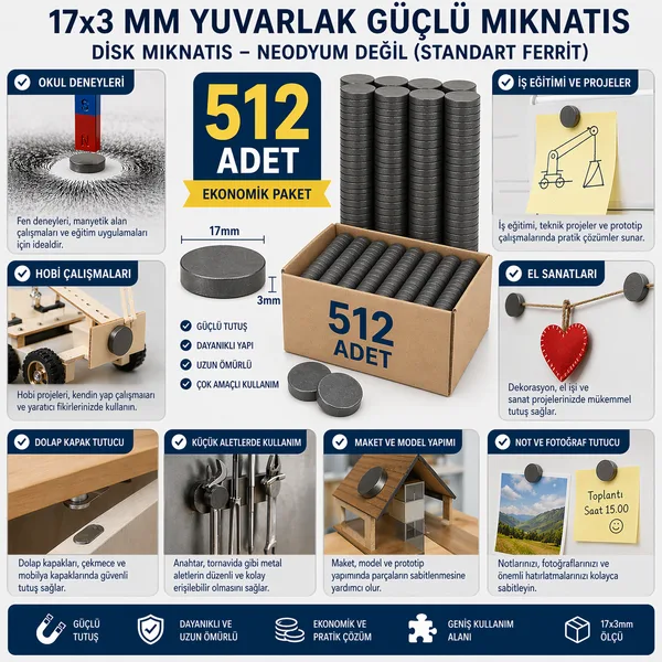 512 Adet Mıknatıs 17x3 mm Yuvarlak Güçlü Mıknatıs Disk Mıknatıs