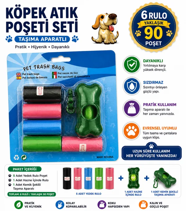 Köpek Dışkı Poşeti 6 rulo + Taşıma Aparatı Hediyeli ( 90 poşet - 6 rulo )