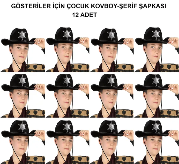 Kovboy Şerif Şapkası Siyah 12 Adet - Kostüm, Parti ve Gösteri Şapkası