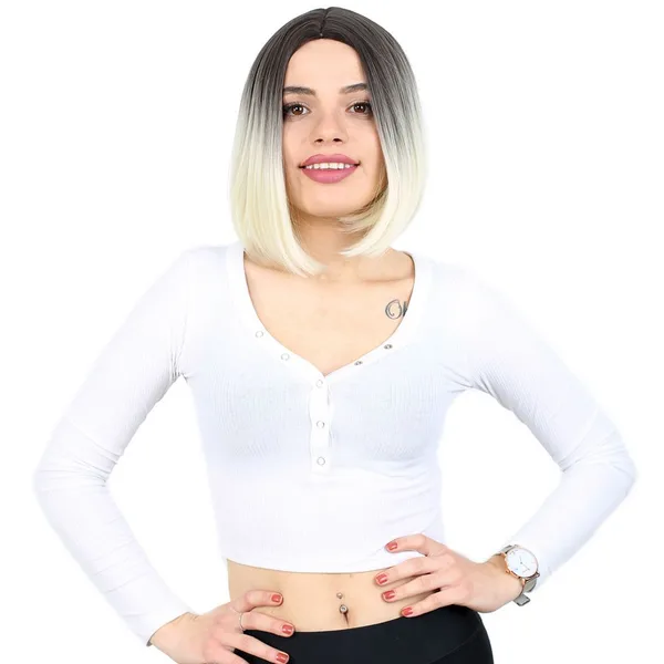 Kahkülsüz Düz Kısa Fiber Sen Peruk / Küllü Siyah / Platin Ombreli