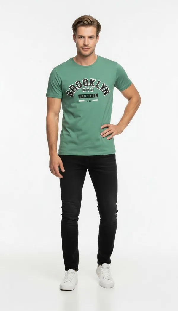 Brooklyn Vintage Baskılı Erkek Günlük T-Shirt Spor Kesim