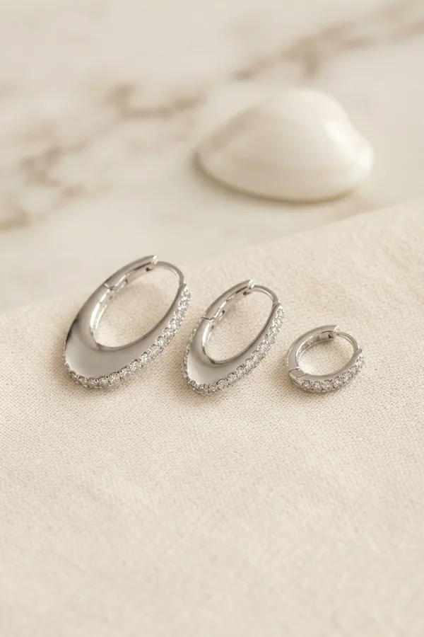 Gümüş Renk Oval Halka Model Zirkon Taşlı 3 lü Küpe Set