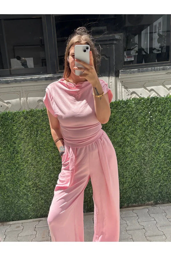 Modal Kumaş Cepli Piliseli Takım - Pembe