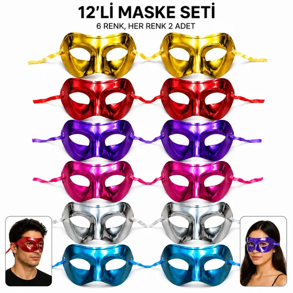 12'li Metalik Venedik Toptan Parti Maskesi Seti ? 6 Renk Karışık