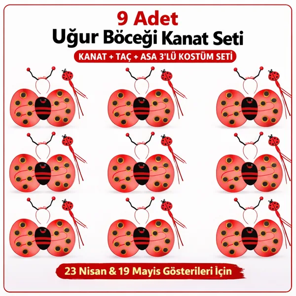 9’lu Uğur Böceği Ateş Böceği Kostüm Seti – Kanat Taç Asa