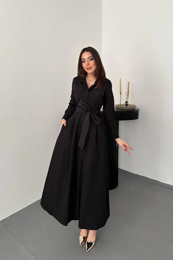 Siyah Düğmeli Poplin Elbise - SİYAH