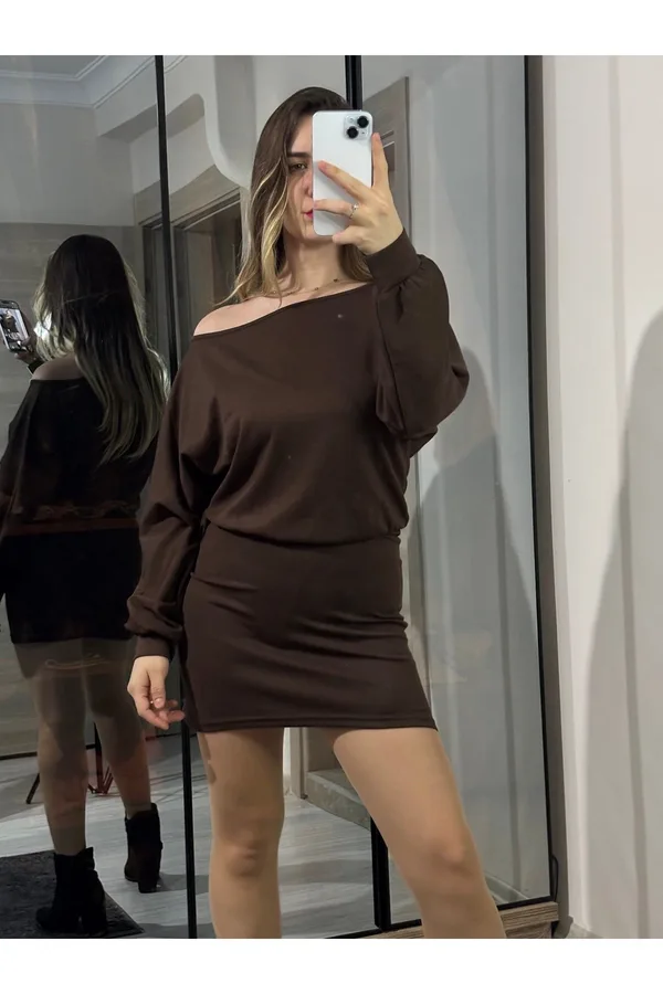 Modal Kumaş Kayık Yaka Mini Elbise - Turuncu