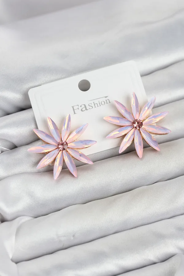 Pembe Kristal Taşlı Lotus Model Kadın Küpe