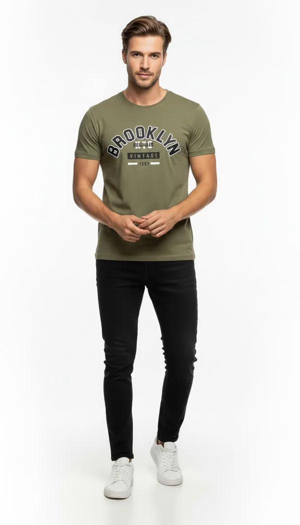 Brooklyn Vintage Baskılı Erkek Günlük T-Shirt Spor Kesim