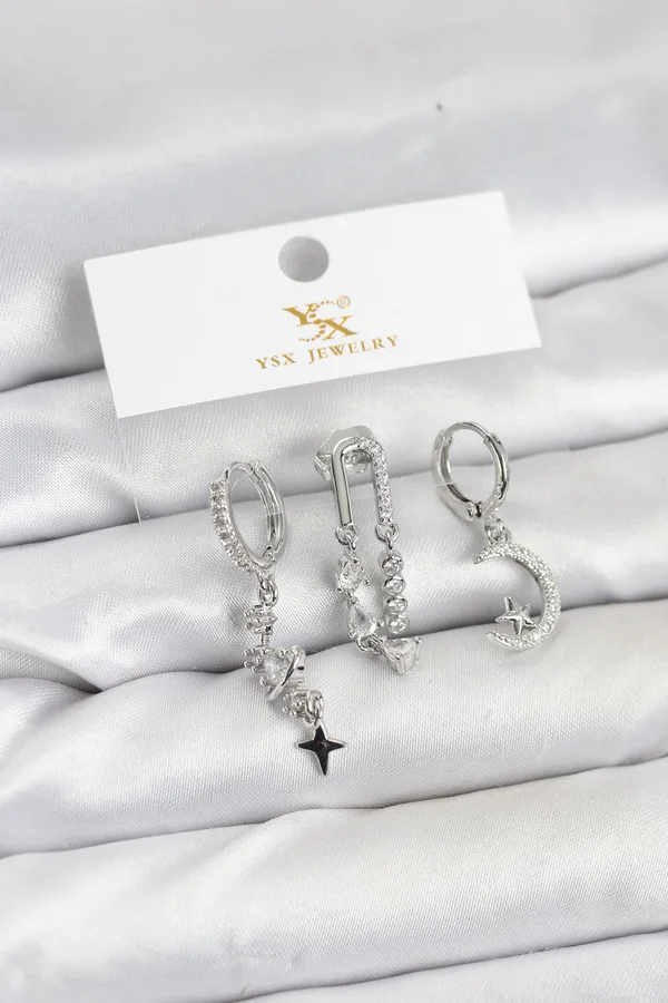 Pirinç Gümüş Renk Zirkon Taşlı Uzay Model YSX Trio Küpe Seti