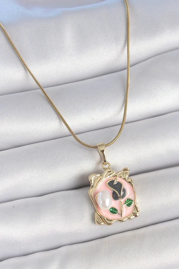316L Çelik Gold Renk Zincir Pembe Mineli Çiçek İşlemli İnci Detay Portre Model Kadın Kolye