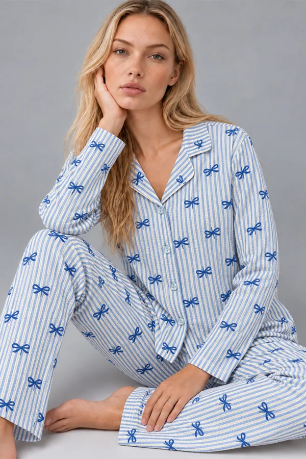 Kadın Gömlek Yaka Desenli Mavi Pijama Takımı 4816