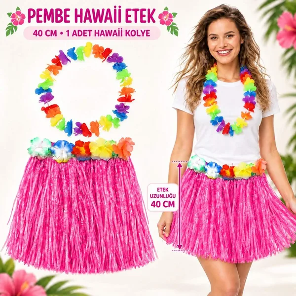 Hawaii Luau Aloha Pembe Püsküllü 40 cm Etek ve Hawaii Kolye Seti