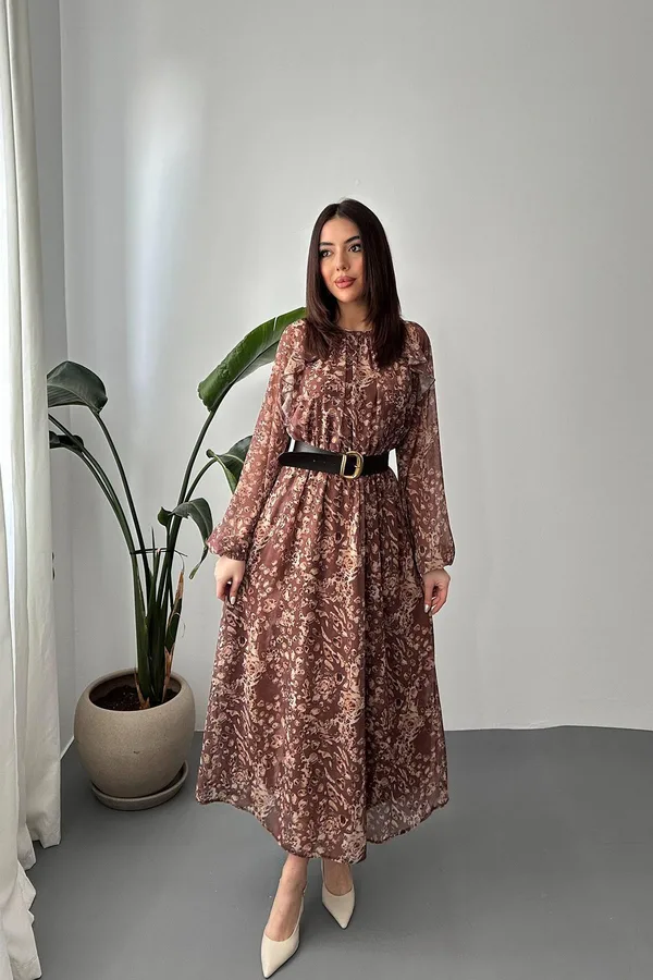 Kahverengi Fırfırlı Şifon Elbise