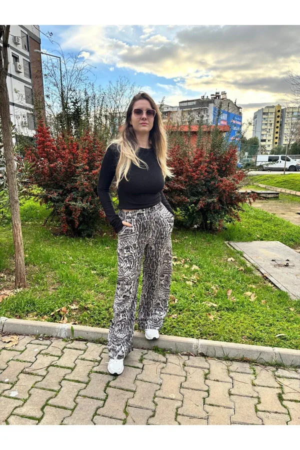 Saten Leopar Desen Bol Paça Pantolon - Gri