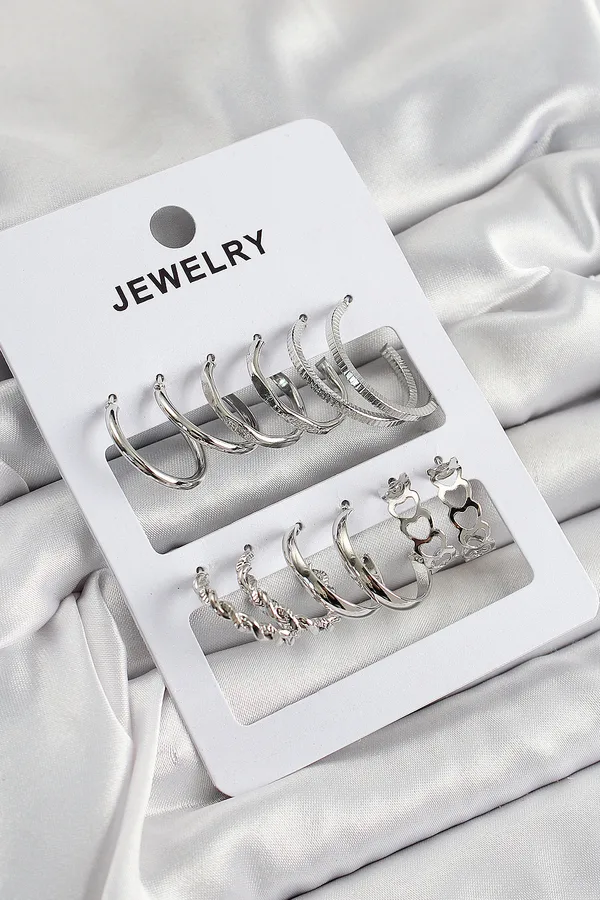 Brass Mixed Ring Model Silver Color 6 Pair Women's Earring Set