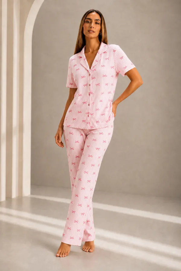 Kadın Kısa Kol Rahat Kalıp Şık Pembe Pijama Takımı