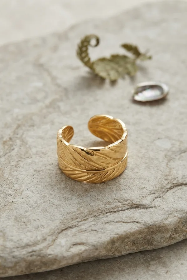 Bohem Tüy Motifli Kalın Ayarlanabilir Gold Renk Yüzük
