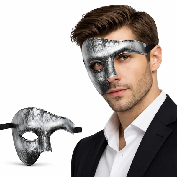 Antik Eskitme Gümüş Erkek Yarım Maske - Phantom & B Maskesi