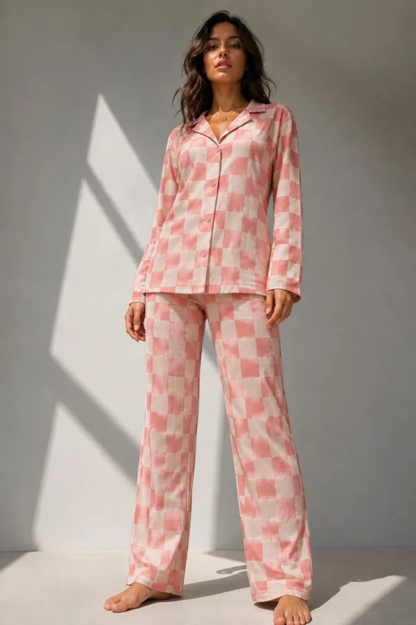 Kadın Uzun Kol Pamuklu Pembe Pijama Takımı