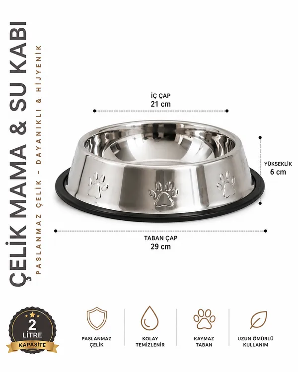 Köpekler İçin Pati Desenli Çelik  Su Kabı 30 Cm - 64 Oz - 2 LT