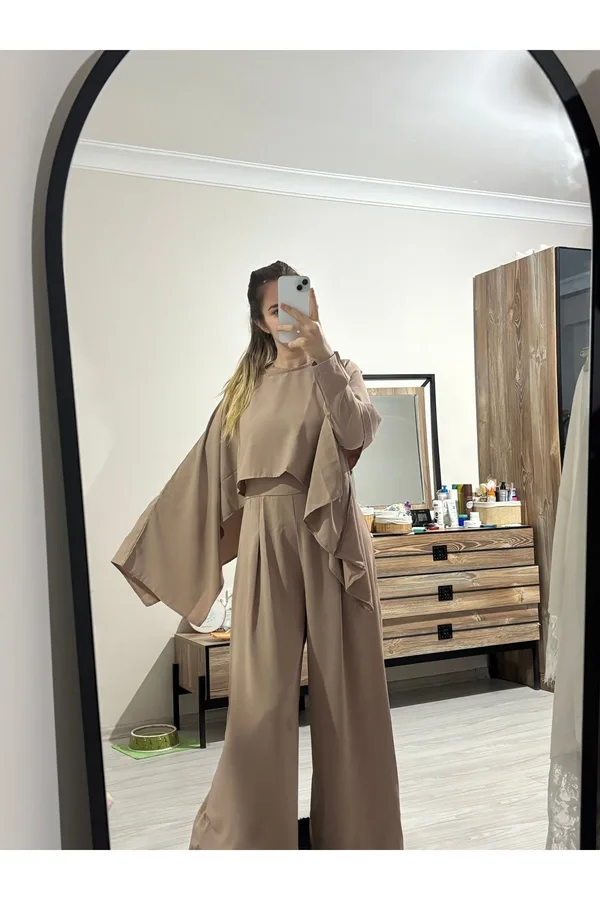 Cool Krep Kumaş İkili Pelerinli Tulum - Ekru