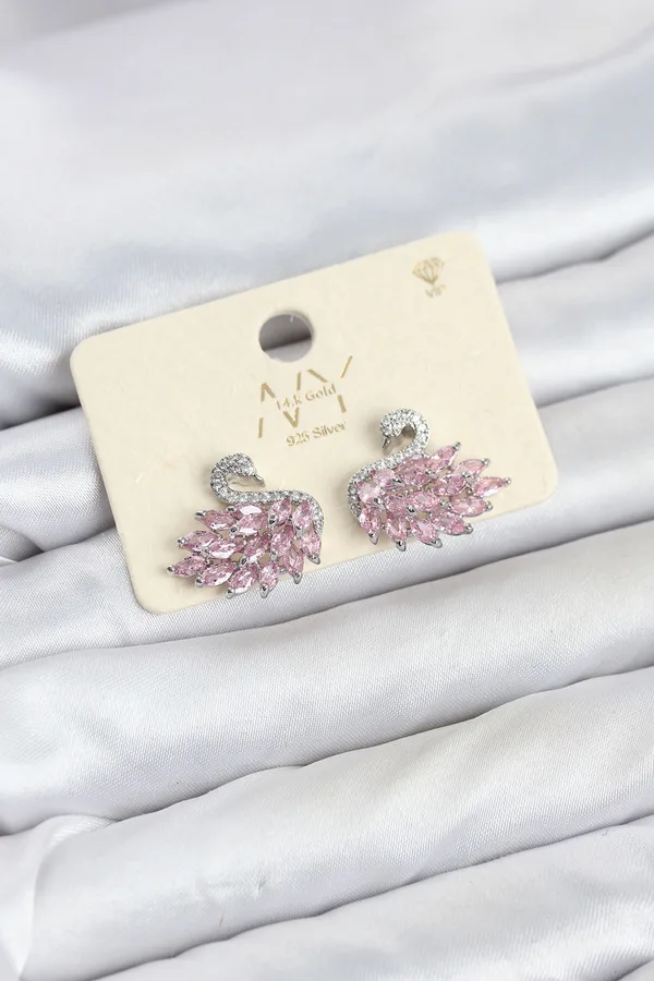 Pembe Zirkon Taşlı Gümüş Swan Kuğu Model Kadın Küpe