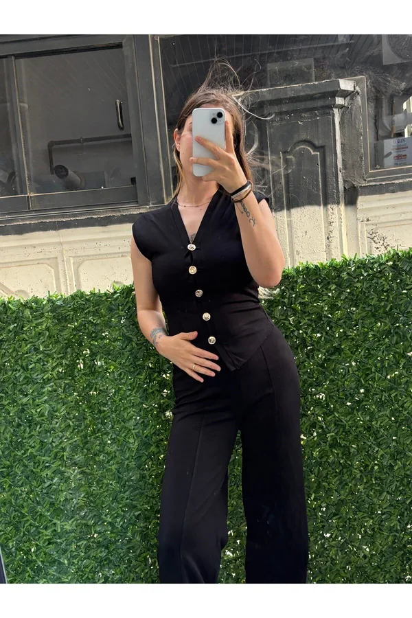 Ön Gold Düğmeli Modal Kumaş Yelekli ZR Model Takım - Siyah