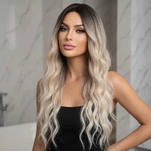 Daalı Uzun Perçemli Fiber Sen Peruk / Koyu Kahve Dipli Küllü Platin Ombre