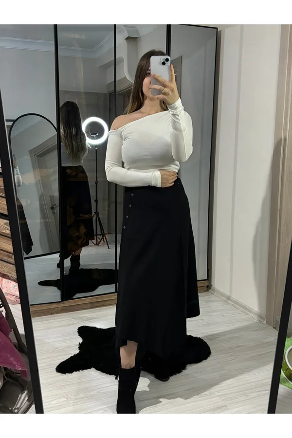ZR Model Siyah Selanik Önü Düğmeli Midi Etek
