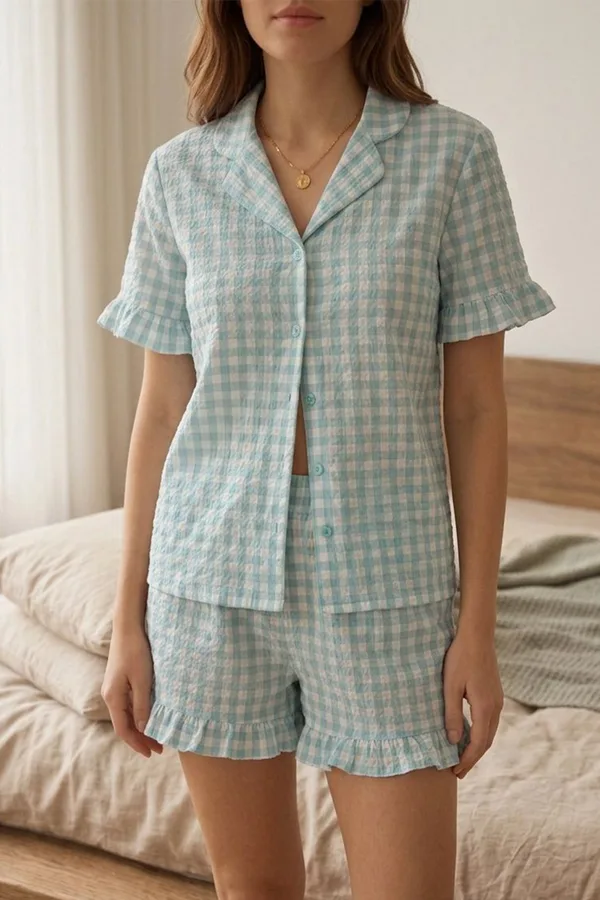 Kare Desenli Fırfır Detaylı Şortlu Pijama Takımı 8070 Yeşil