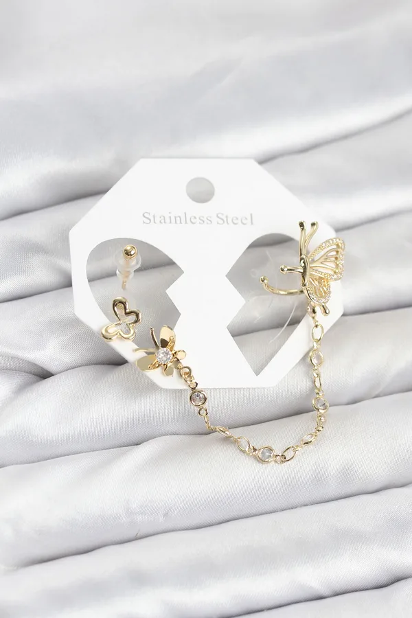 Kelebekli Model Pirinç Gold Renk Zincir Bağlantılı Ear Cuff Küpe Seti